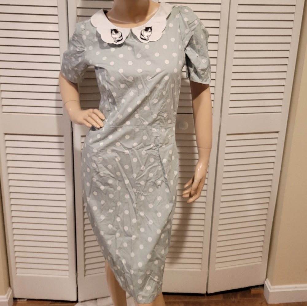 Retro vintage style Trollied Dolly mint green white polka dot dress READ Zipper
